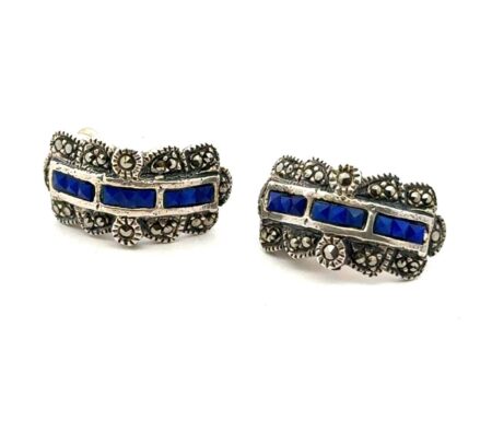 .925 Sterling Silver Lapis & Marcasite Earrings, 5.1g