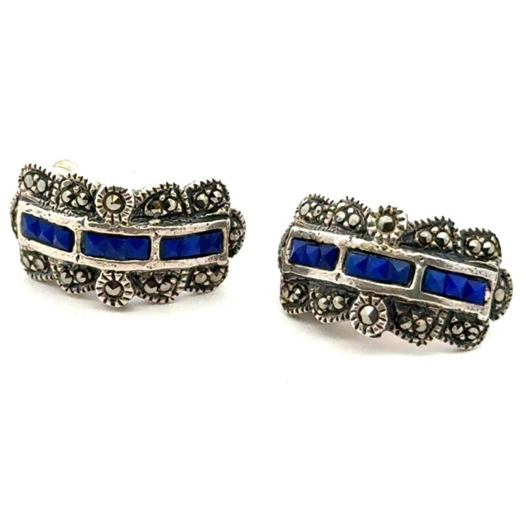 .925 Sterling Silver Lapis & Marcasite Earrings, 5.1g