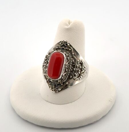 Size: 9.5 Red Coral 925 Sterling Silver Ring 9.4g