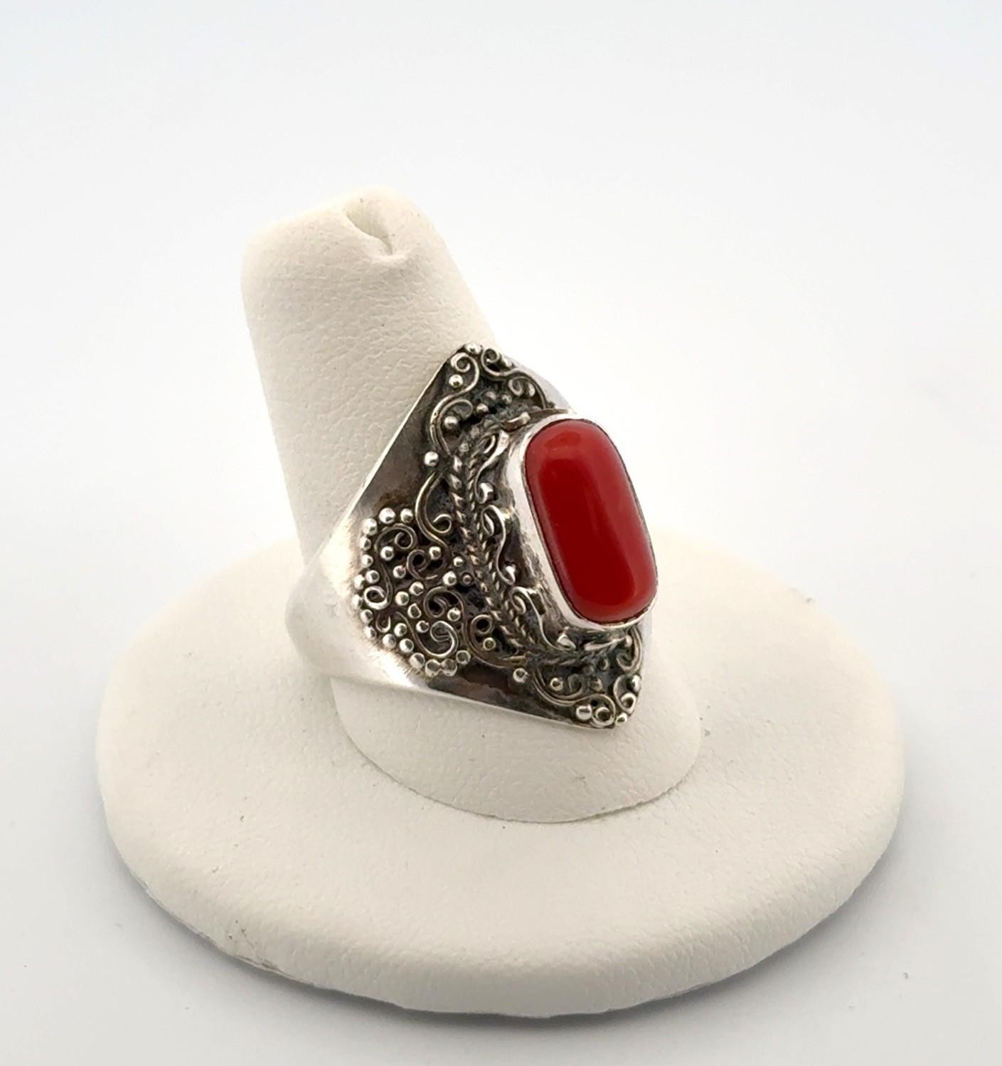 Size: 9.5 Red Coral 925 Sterling Silver Ring 9.4g - Image 2
