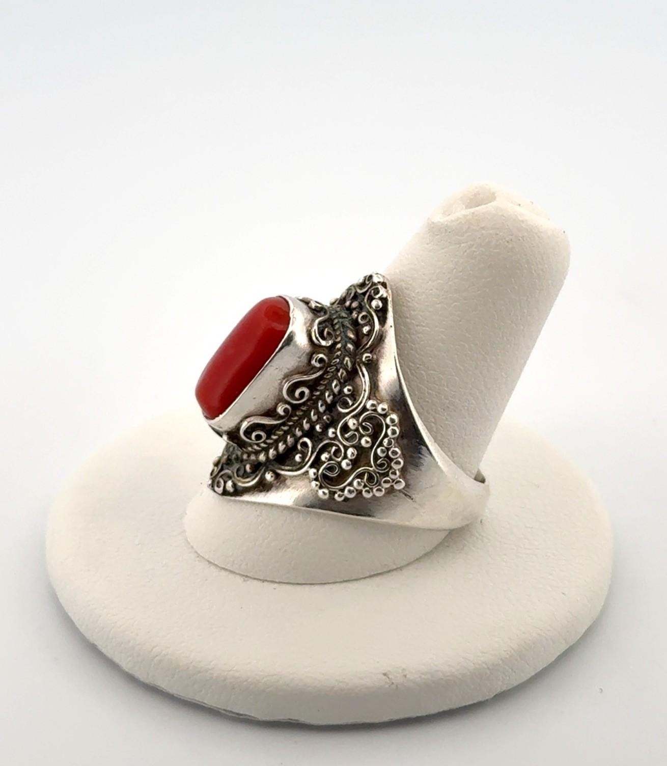 Size: 9.5 Red Coral 925 Sterling Silver Ring 9.4g - Image 3