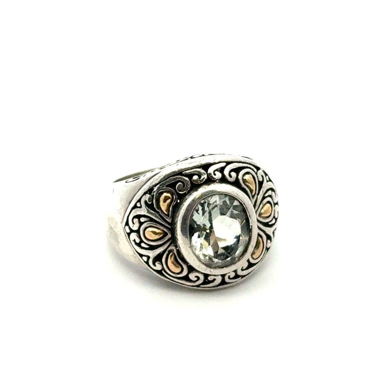 .925 Sterling Silver 18k Gold Accent Green Amethyst Marked BJC Size 6.75, 10.2g
