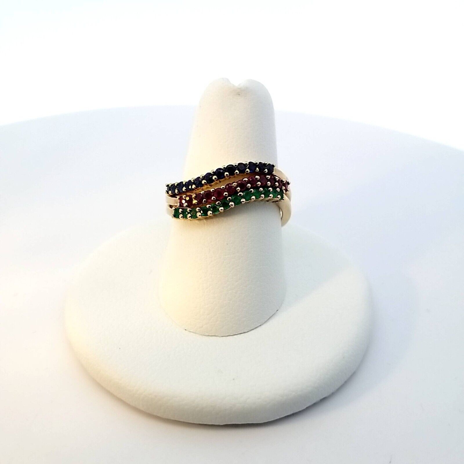 14k YG Three Multi-Color Stacker Rings-Emerald, Ruby, Blue Sapphire 4.8 Grams - Image 2