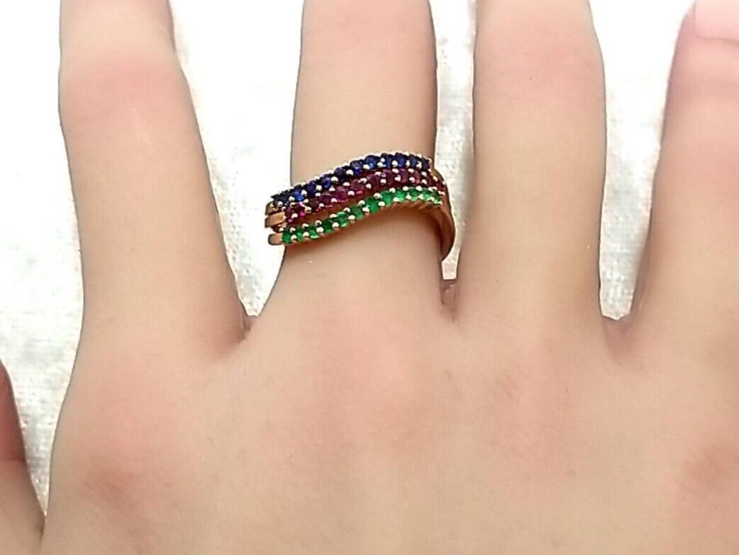 14k YG Three Multi-Color Stacker Rings-Emerald, Ruby, Blue Sapphire 4.8 Grams - Image 3