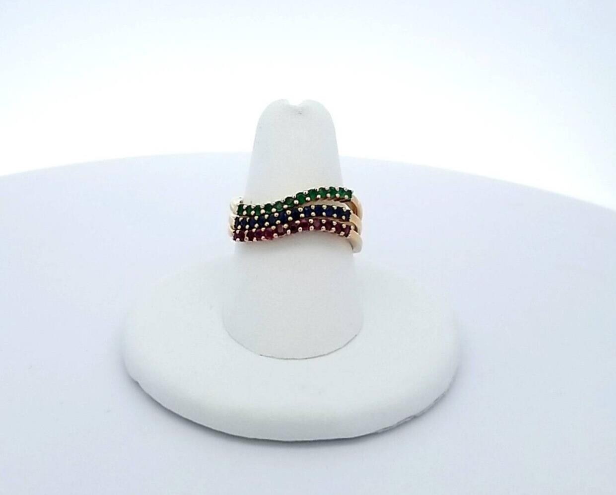 14k YG Three Multi-Color Stacker Rings-Emerald, Ruby, Blue Sapphire 4.8 Grams - Image 4