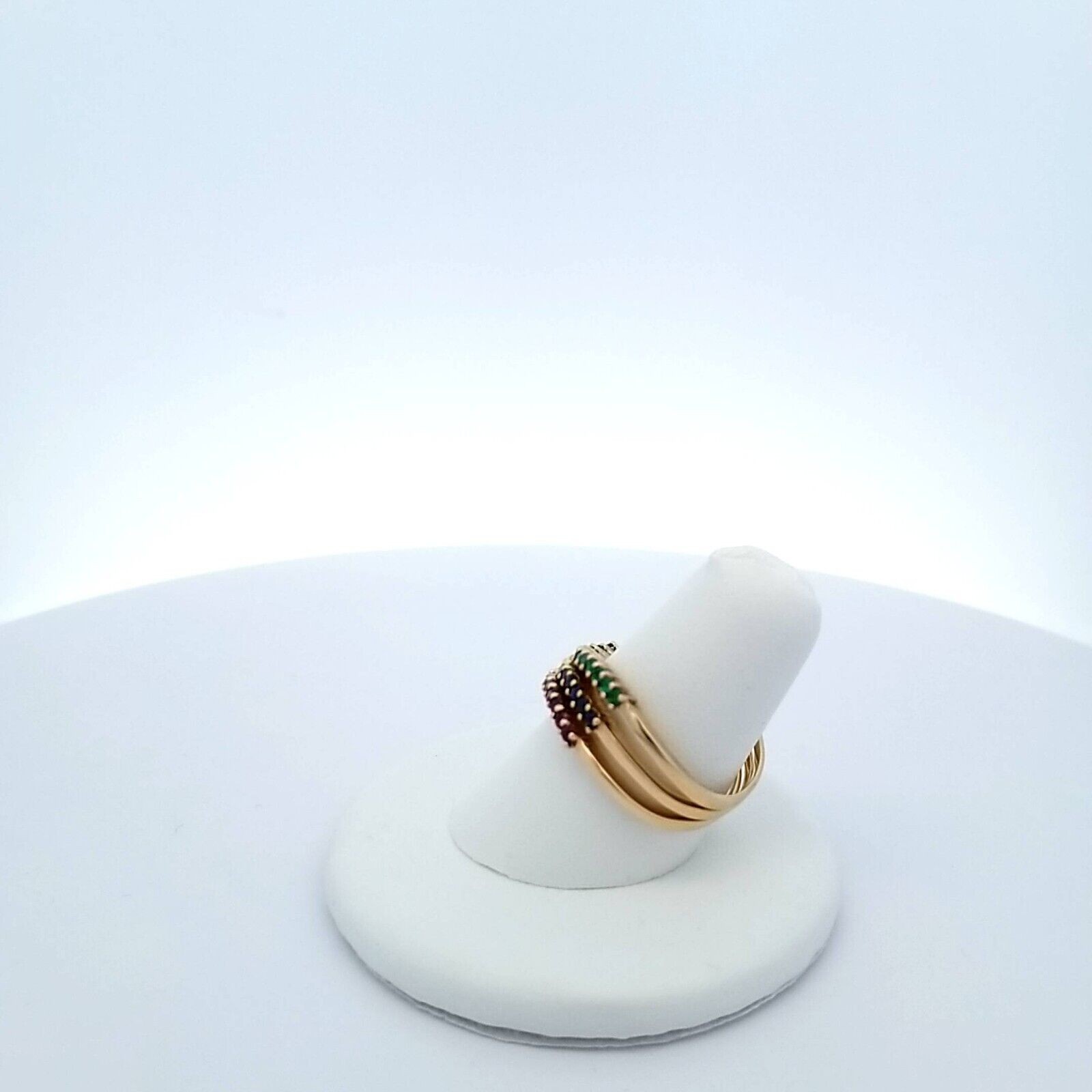14k YG Three Multi-Color Stacker Rings-Emerald, Ruby, Blue Sapphire 4.8 Grams - Image 5