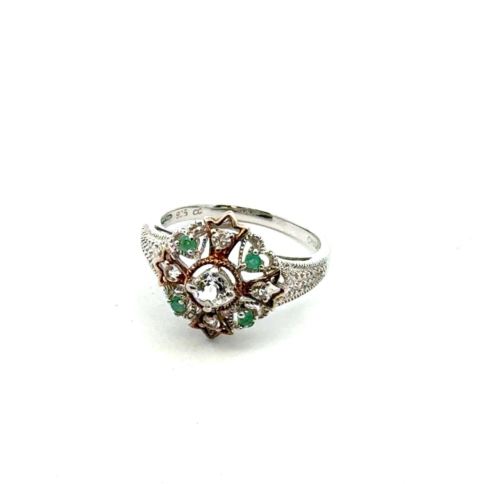 Concord Connection 925 Ster. Silver Emerald White Topaz Irish Prayer Ring Size 8 - Image 7
