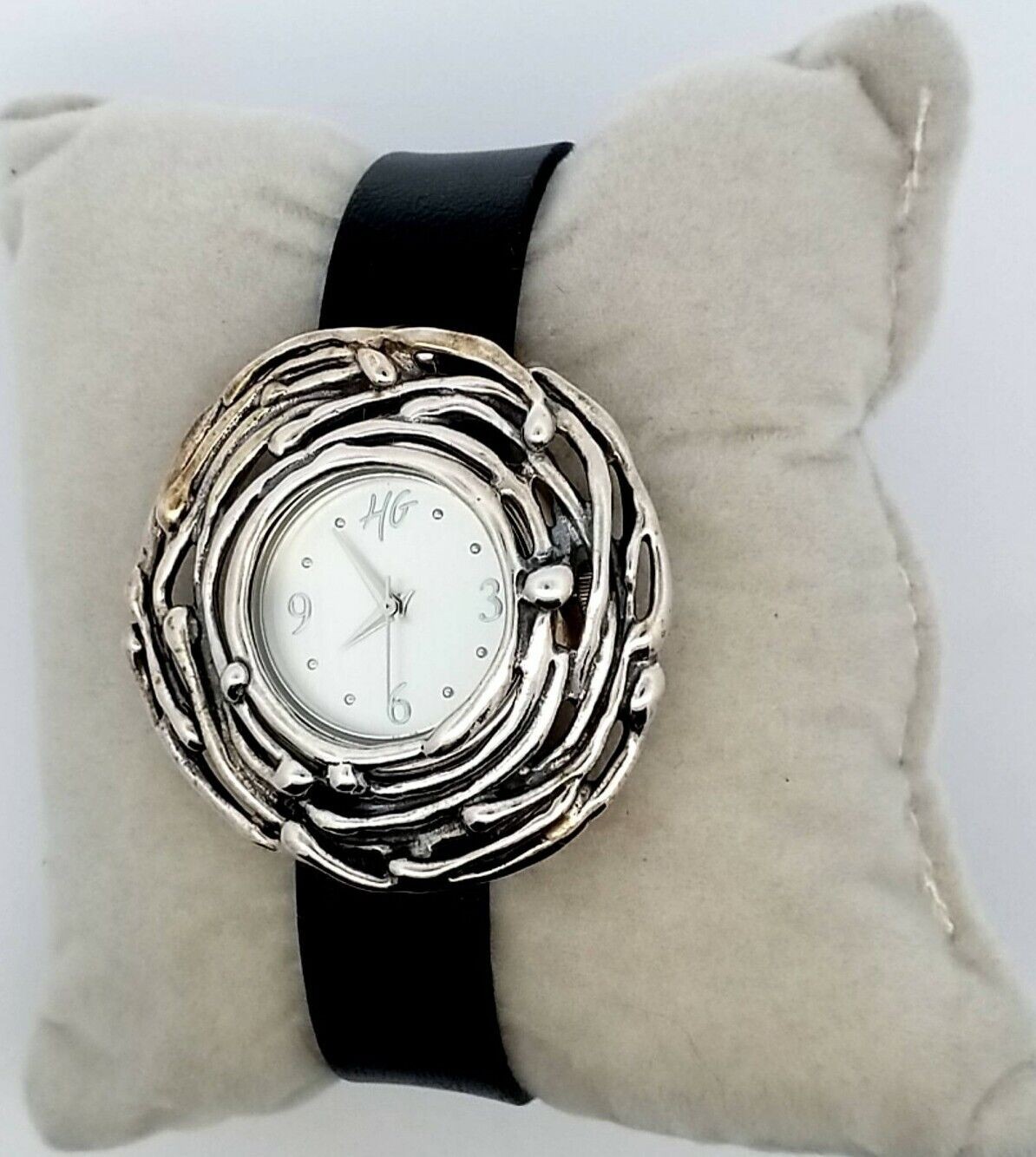 Hagit Black Leather Wrist Pendant Nest Watch 6-1/4"-8" Sterling Silver - Image 2