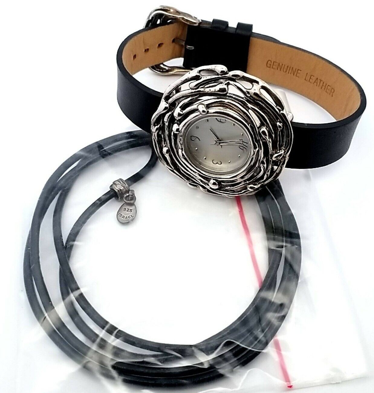 Hagit Black Leather Wrist Pendant Nest Watch 6-1/4"-8" Sterling Silver - Image 3