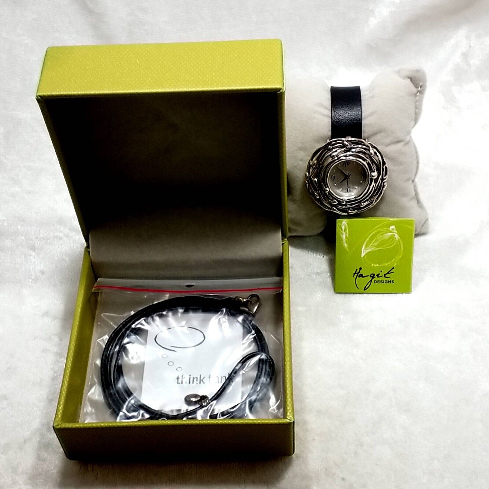 Hagit Black Leather Wrist Pendant Nest Watch 6-1/4"-8" Sterling Silver - Image 5