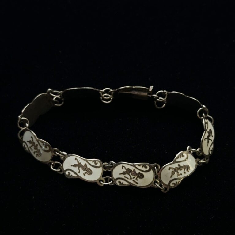 6.25” Antique Siam 925 Sterling Silver White Enamel Niello Dancers Bracelet 7.1g