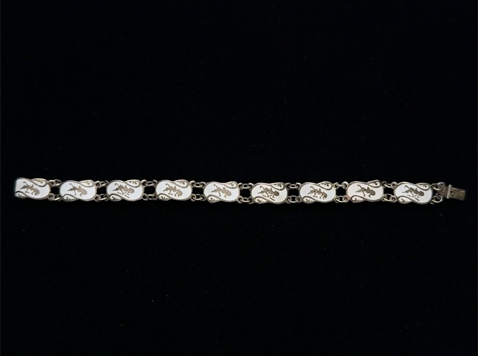 6.25” Antique Siam 925 Sterling Silver White Enamel Niello Dancers Bracelet 7.1g - Image 5