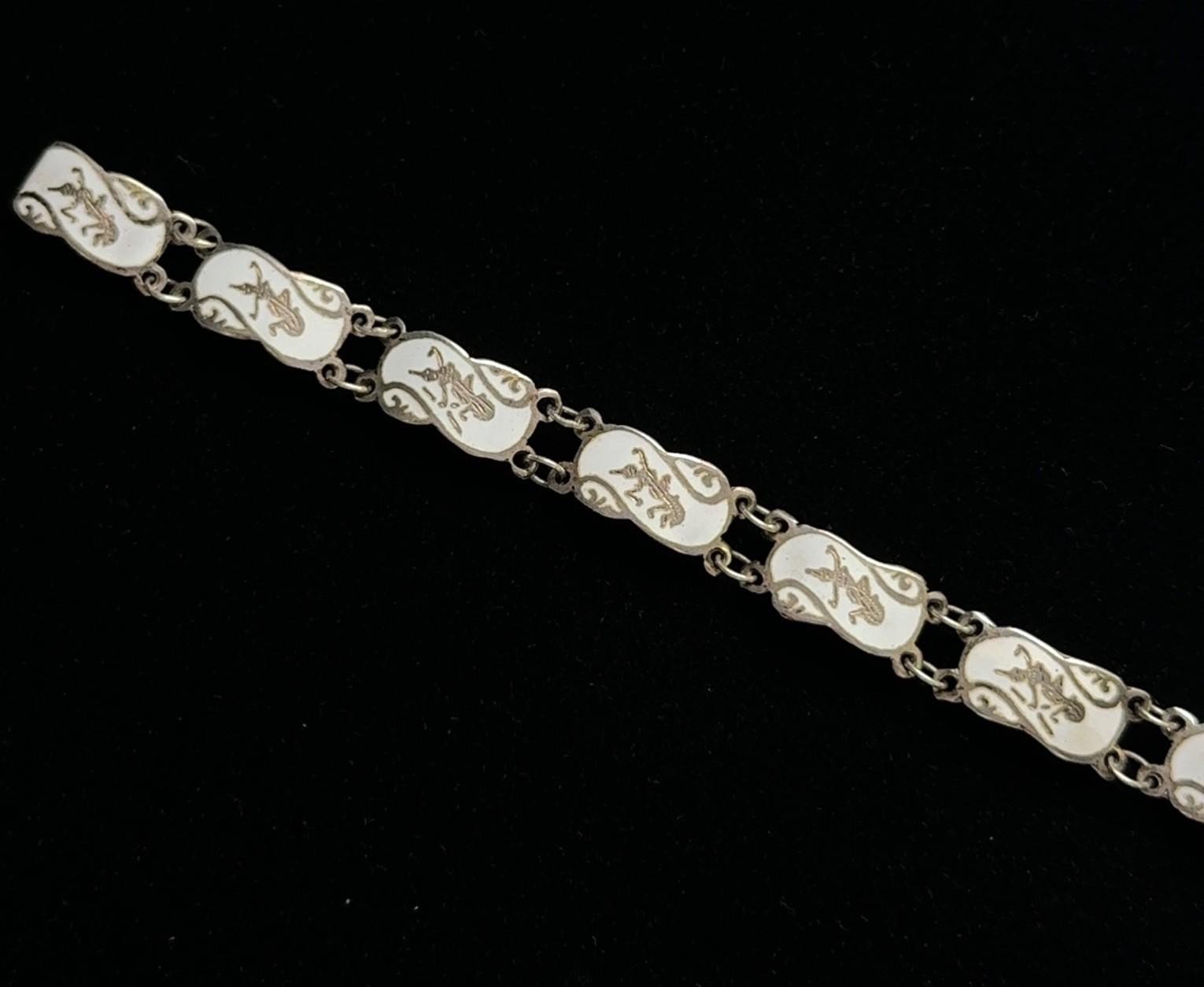 6.25” Antique Siam 925 Sterling Silver White Enamel Niello Dancers Bracelet 7.1g - Image 6