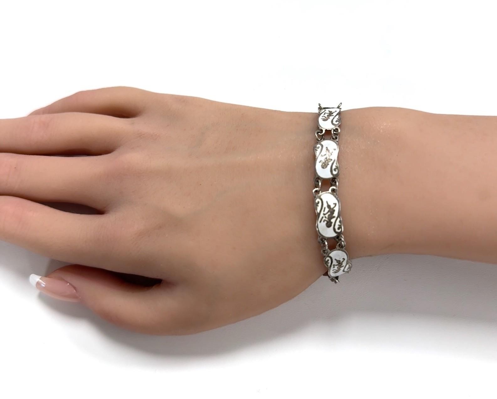 6.25” Antique Siam 925 Sterling Silver White Enamel Niello Dancers Bracelet 7.1g - Image 9