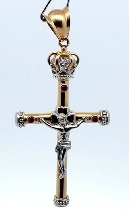 14K Yellow/White Gold Jesus Crucifix Cross Pendant with Rubies & CZ  9.2  Grams