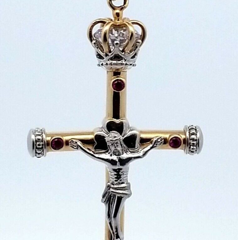 14K Yellow/White Gold Jesus Crucifix Cross Pendant with Rubies & CZ  9.2  Grams