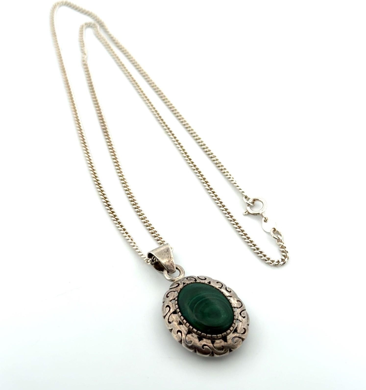 20” Vintage 925 Sterling Silver Oval Malachite Pendant Necklace 10.7g - Image 6