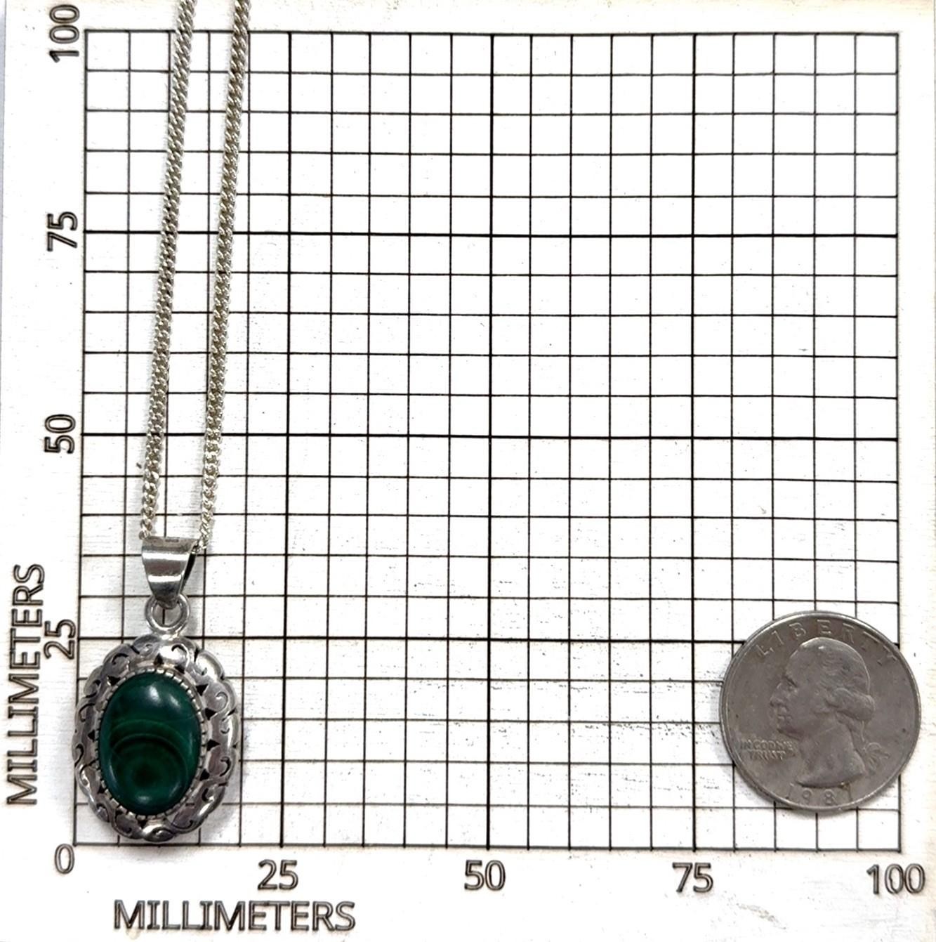 20” Vintage 925 Sterling Silver Oval Malachite Pendant Necklace 10.7g - Image 8