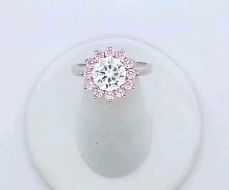 Sterling 12 Round Pink CZ's w/ 1 Large White CZ's Flower Design Ring Size-7.75
