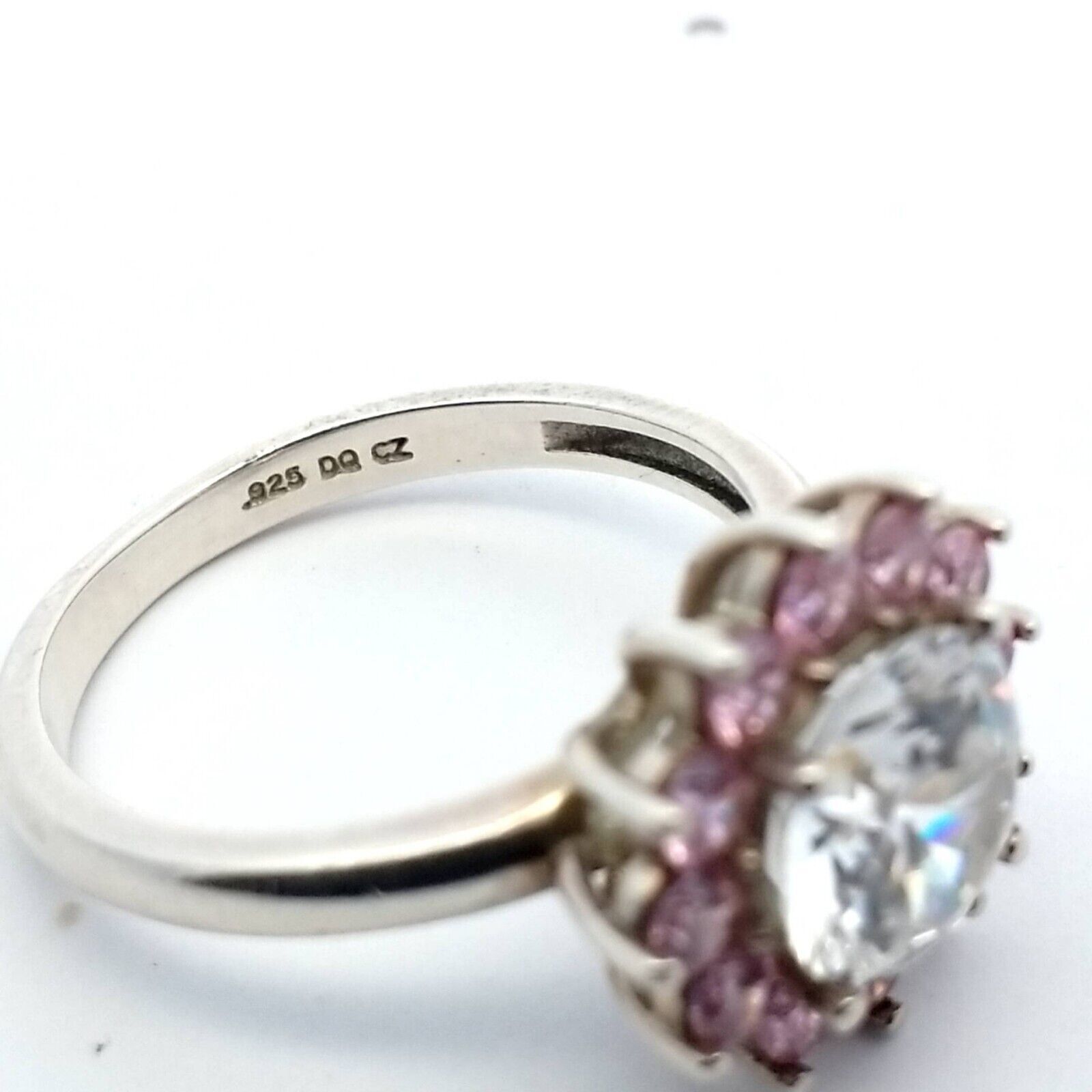 Sterling 12 Round Pink CZ's w/ 1 Large White CZ's Flower Design Ring Size-7.75 - Image 3