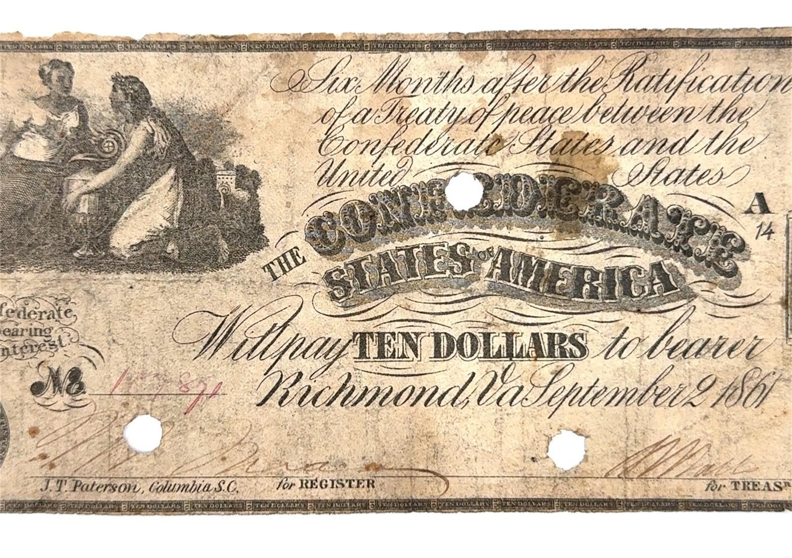 1861 Confederate States of America $10 Note, Circulated - Image 2
