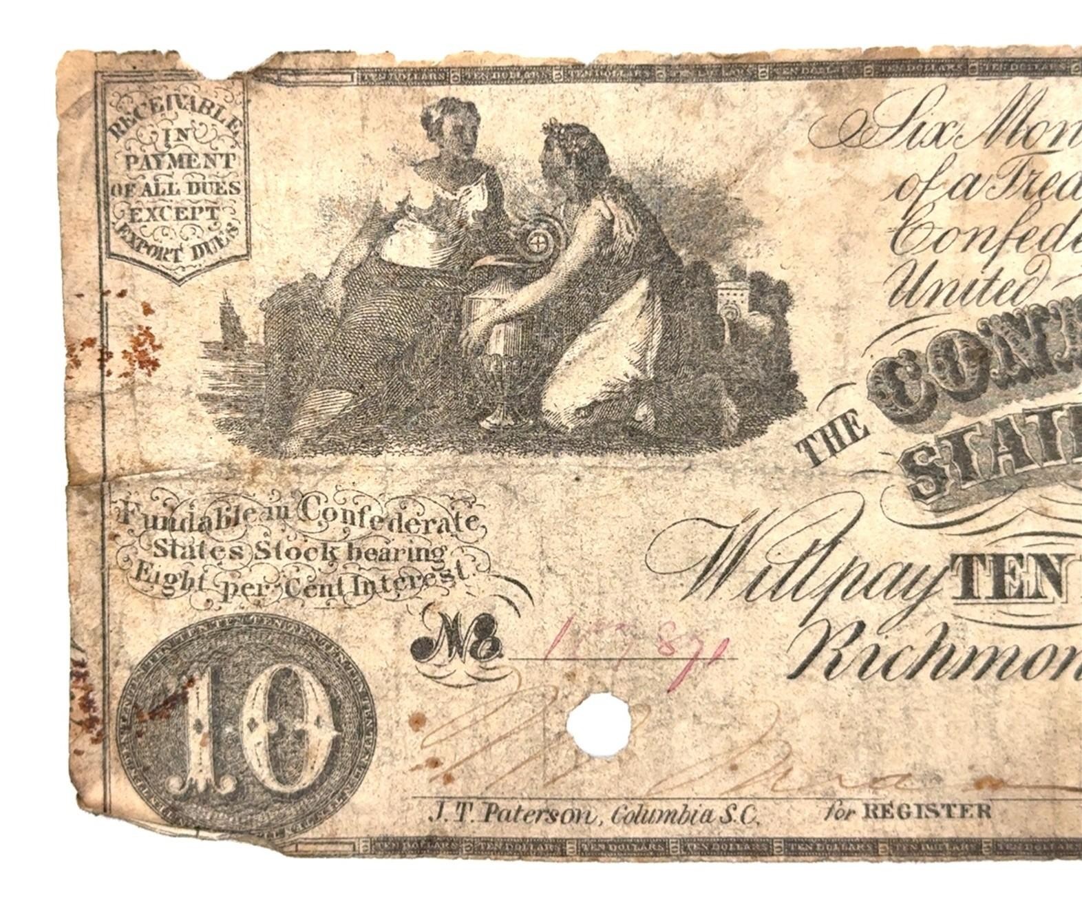 1861 Confederate States of America $10 Note, Circulated - Image 3