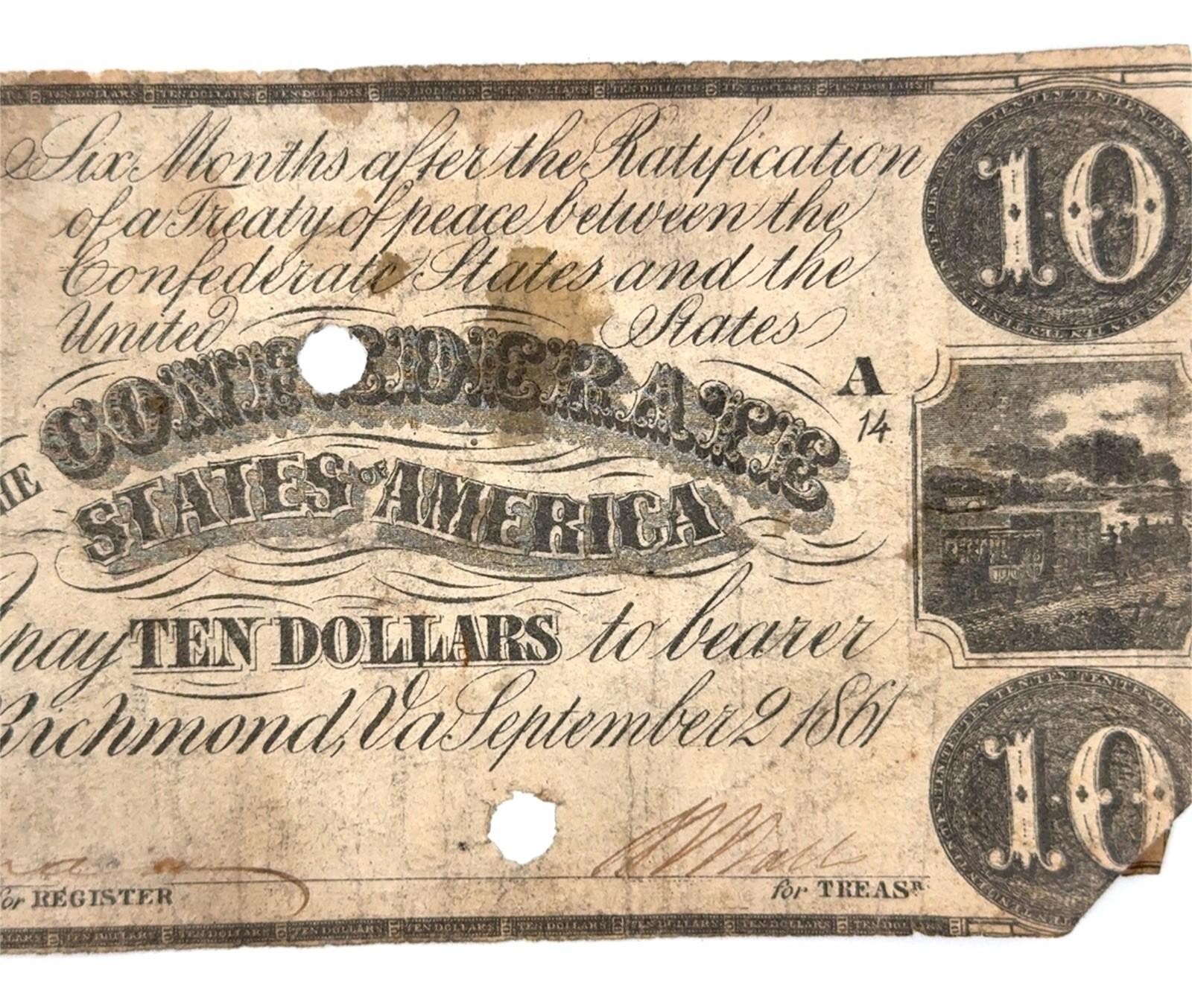 1861 Confederate States of America $10 Note, Circulated - Image 4