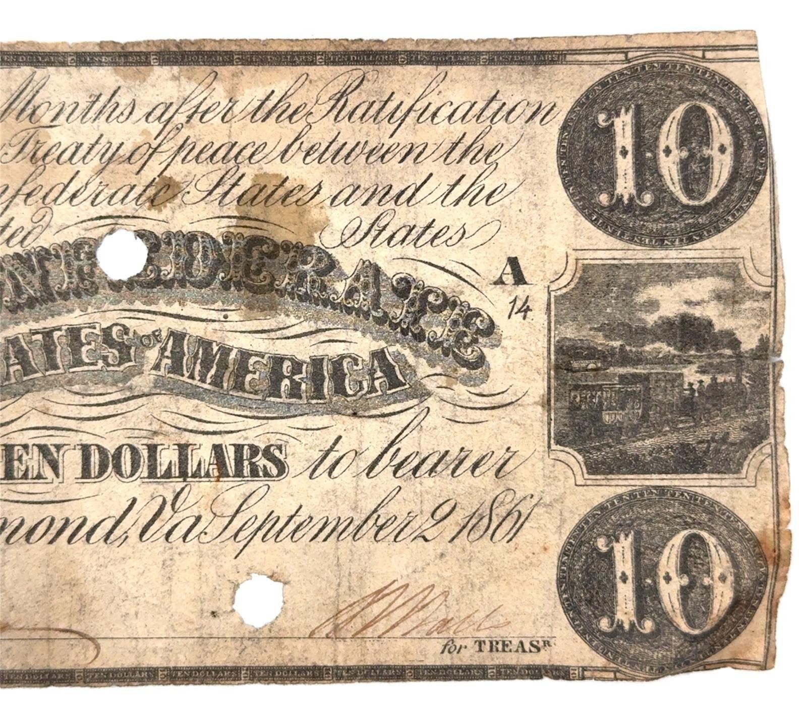 1861 Confederate States of America $10 Note, Circulated - Image 5