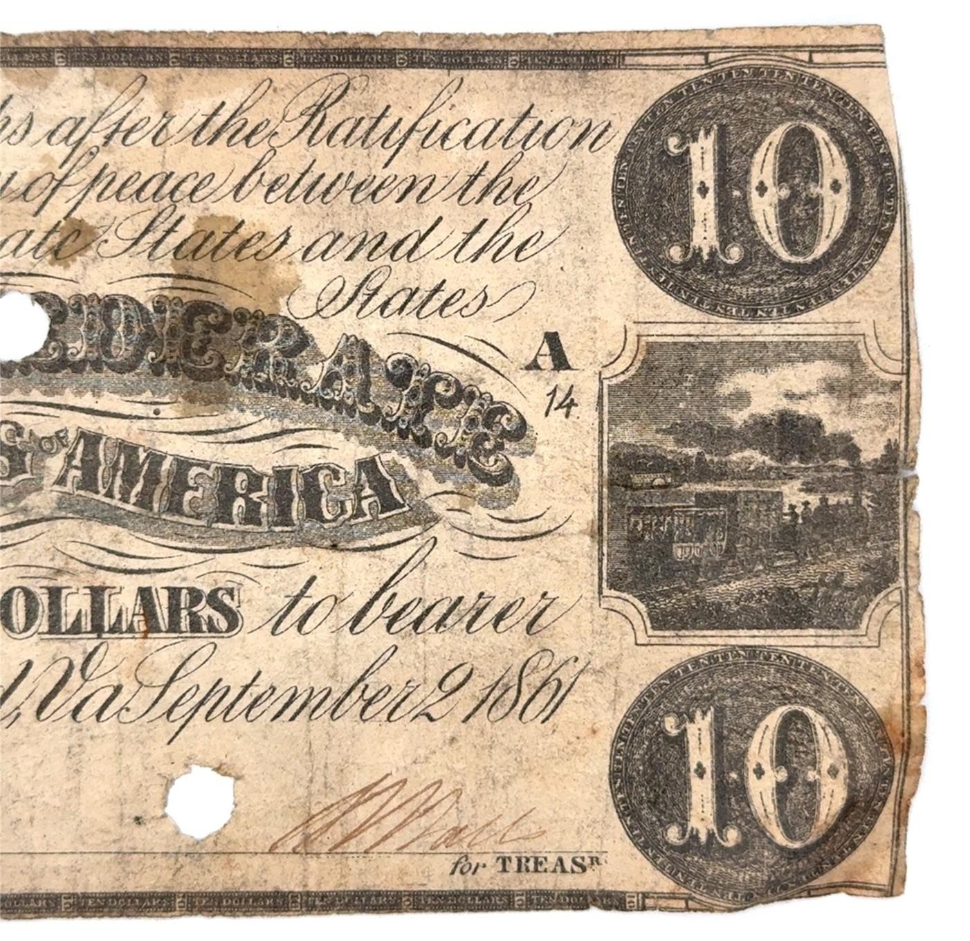 1861 Confederate States of America $10 Note, Circulated - Image 6