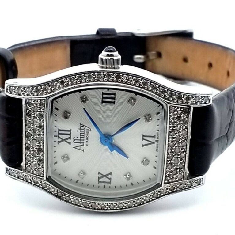 Affinity Diamond Watch Women Sterling Silver White Dial Leather Band Working