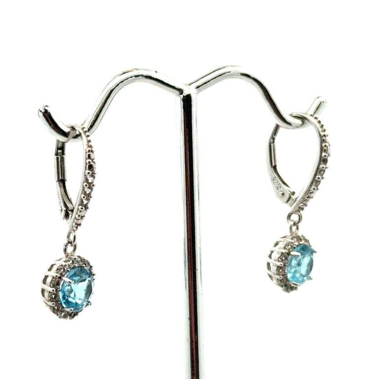 .925 Sterling Silver Blue Topaz & White Sapphire Halo Drop Earrings, 3.7g