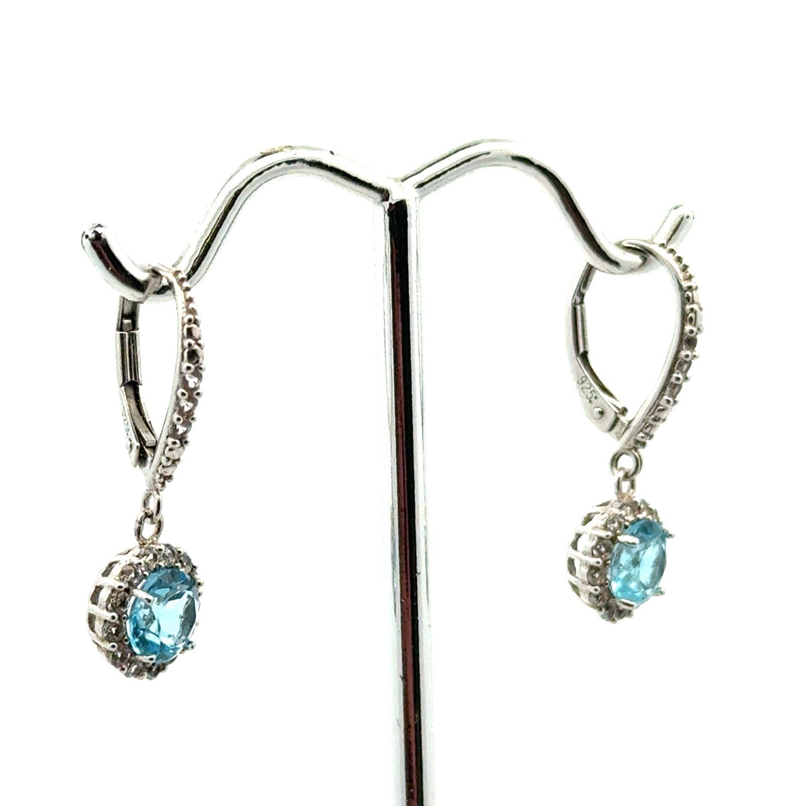 .925 Sterling Silver Blue Topaz & White Sapphire Halo Drop Earrings, 3.7g