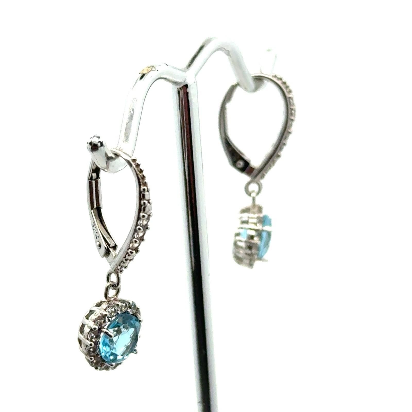 .925 Sterling Silver Blue Topaz & White Sapphire Halo Drop Earrings, 3.7g - Image 2