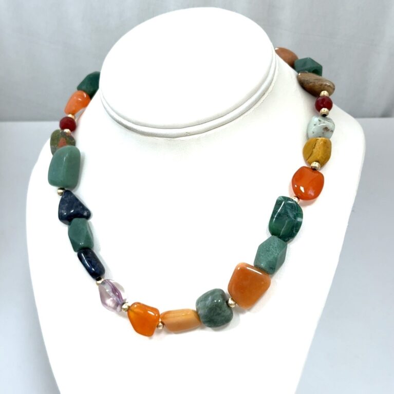 16” Polished Agate & Jade Beaded Necklace w/ 14k Gold Clasp & Beads 70.3g