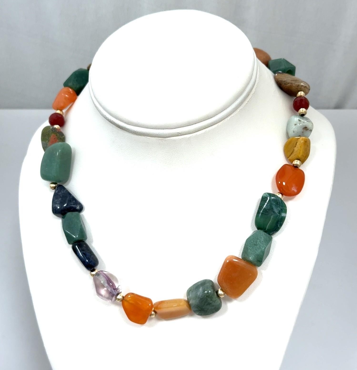 16” Polished Agate & Jade Beaded Necklace w/ 14k Gold Clasp & Beads 70.3g - Image 2
