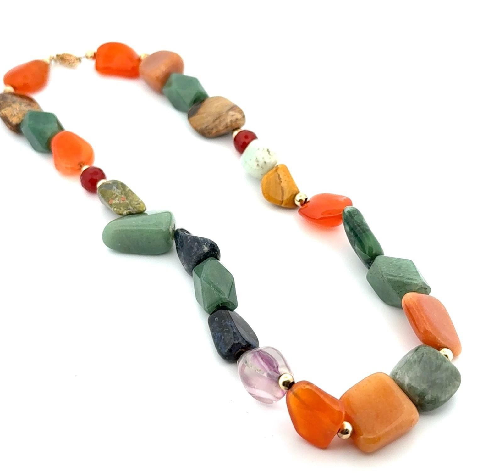16” Polished Agate & Jade Beaded Necklace w/ 14k Gold Clasp & Beads 70.3g - Image 3