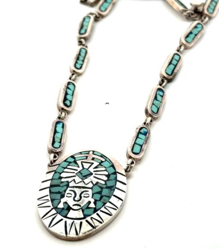 16” .950 Fine Silver “Mexico MM-199” Mosaic Inlay Turquoise Necklace, 67.9g