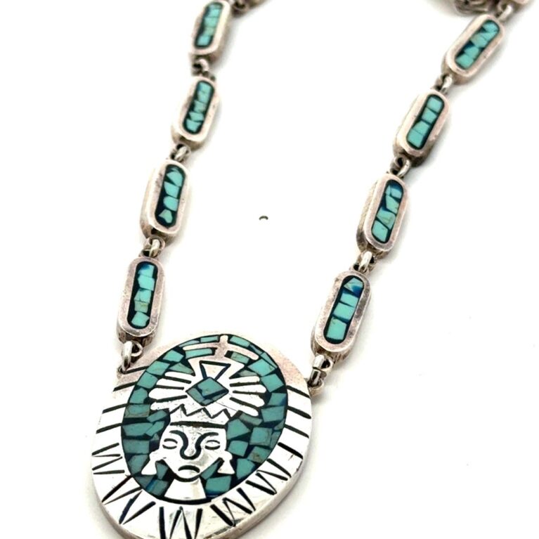 16” .950 Fine Silver “Mexico MM-199” Mosaic Inlay Turquoise Necklace, 67.9g