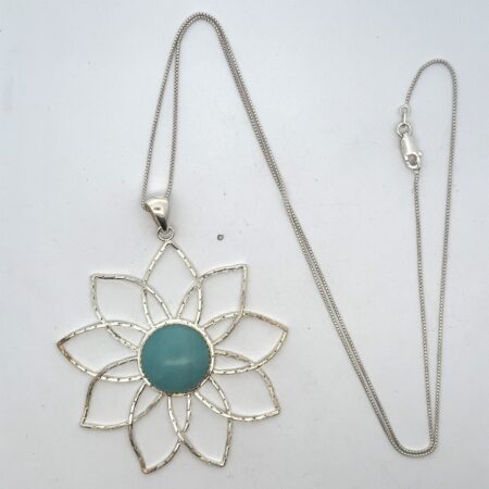 .925 Sterling Silver, Amozonite Flower Pendant on 20" Box Chain - 12.8g