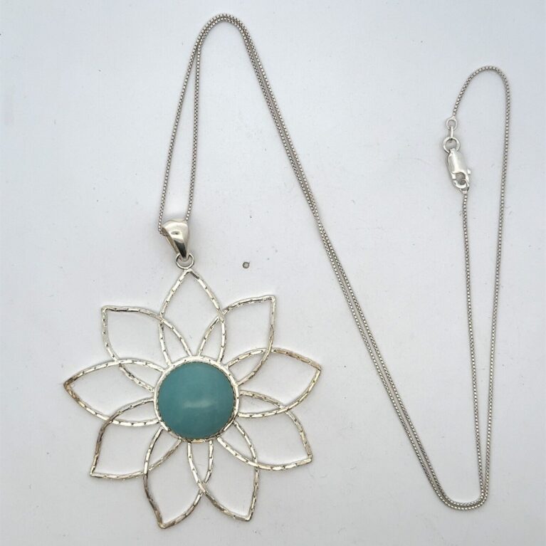 .925 Sterling Silver, Amozonite Flower Pendant on 20" Box Chain - 12.8g