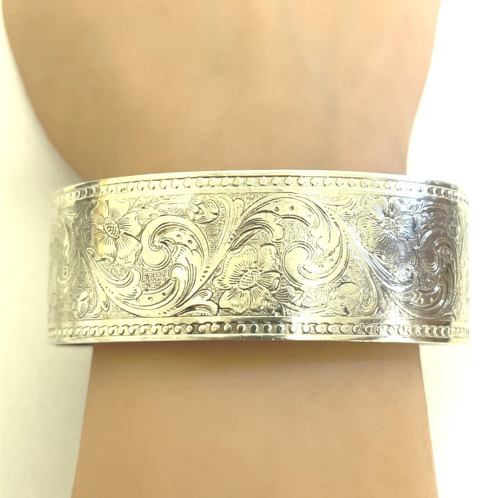 WEH Sterling Silver Parsley Spiral Scroll 7.5” x 0.94" Cuff Bracelet -33.3 Grams - Image 2