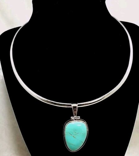 925 Sterling Silver Torque Collar 3mm Wide Necklace w/ Blue Turquoise Pendant