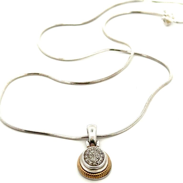 18”. 925 Sterling Silver, 14k Gold & Diamond Necklace, 7.2g