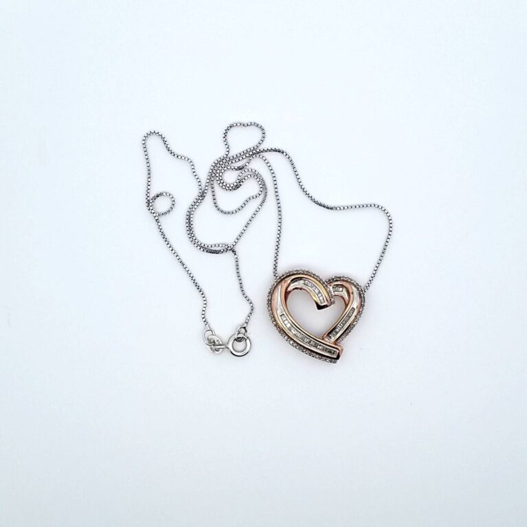 14K Gold on Sterling with Natural Diamonds Heart Pendant 18" Necklace 6.0 Gram