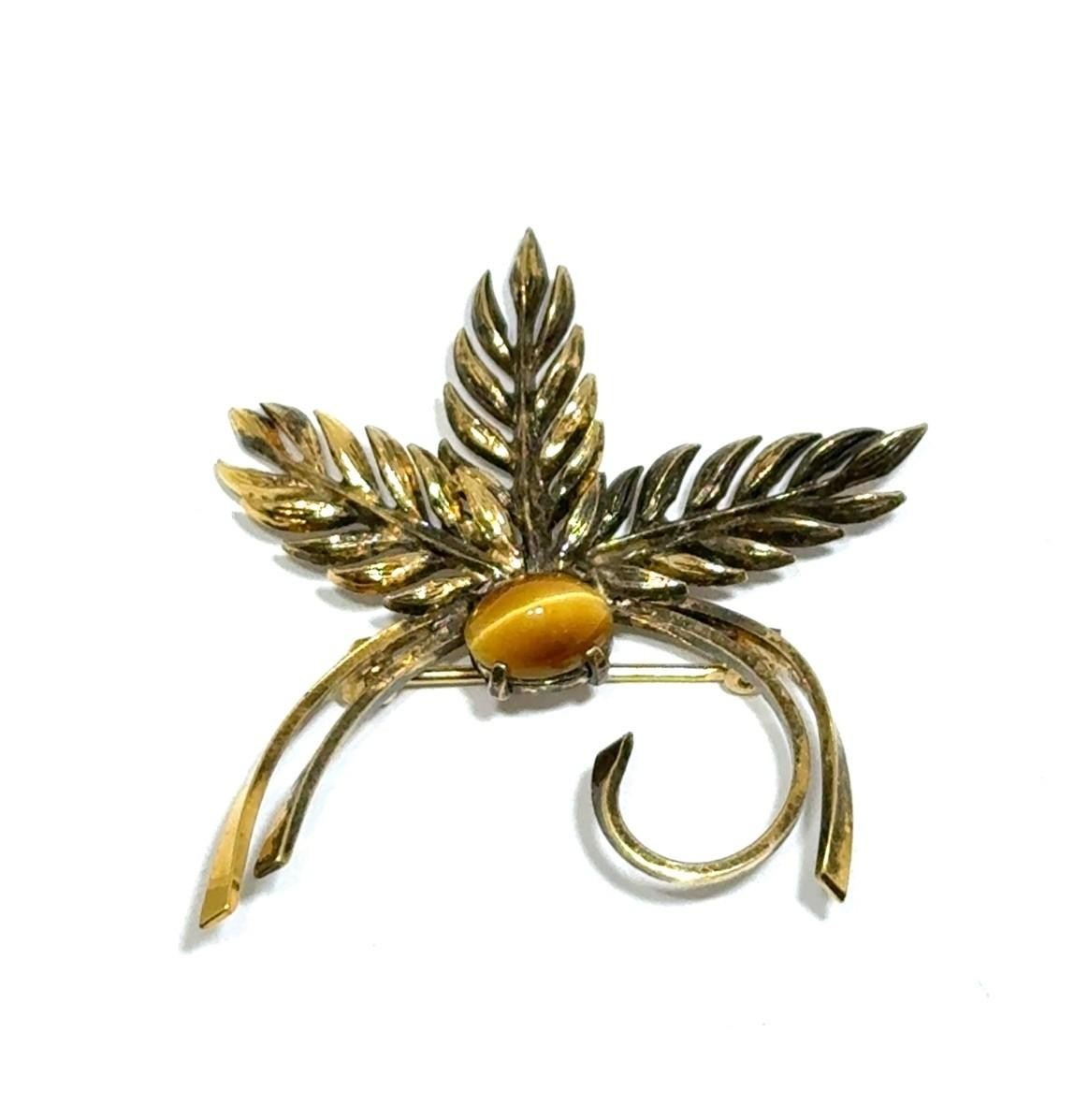 Welis Sterling 925 Sterling Silver Gold Vermeil Tigers Eye Spray Brooch/Pin 6g - Image 2