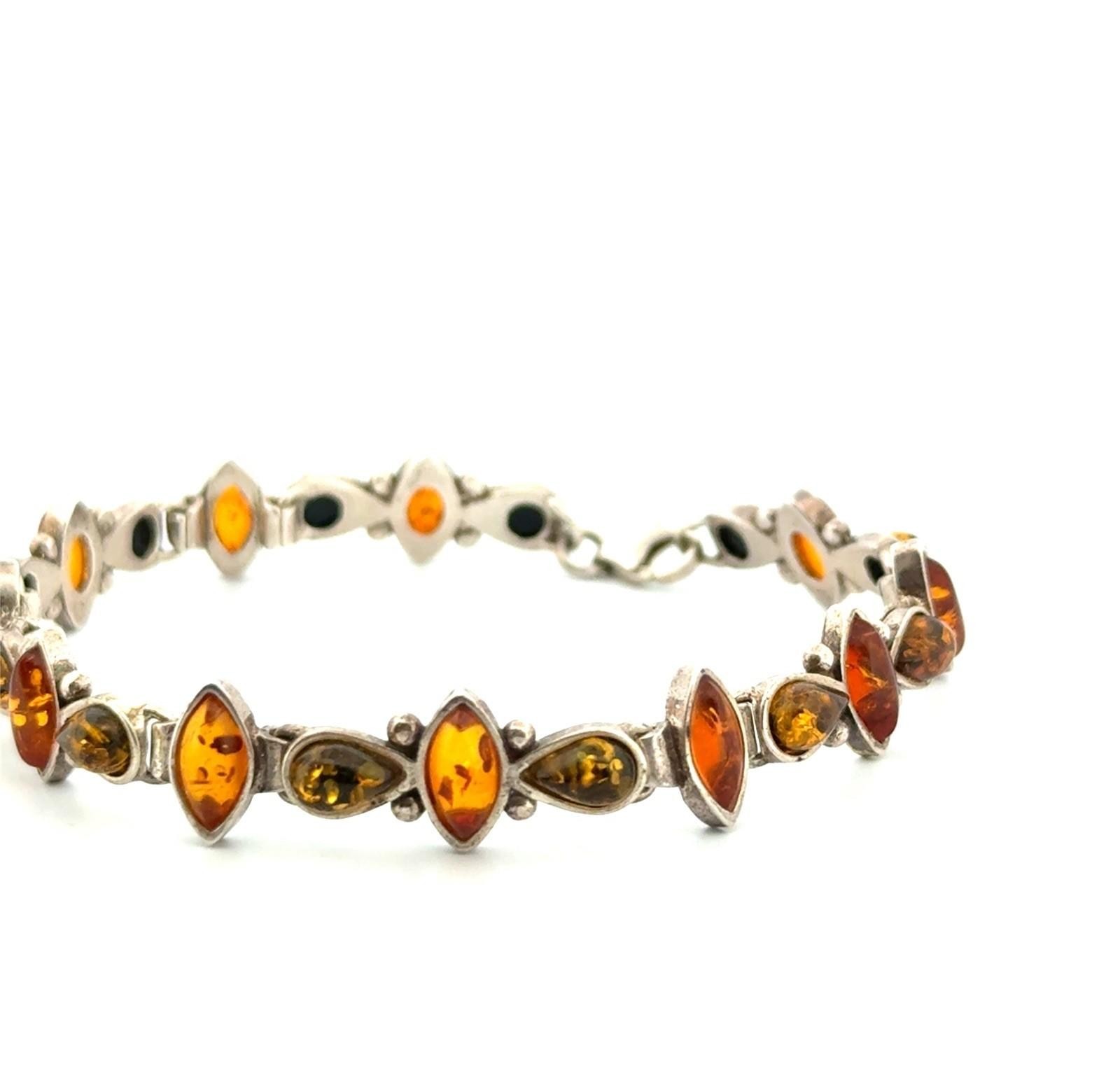 6” Vintage 925 Sterling Silver Baltic Amber Marquise & Pear Bracelet 10.7g - Image 2