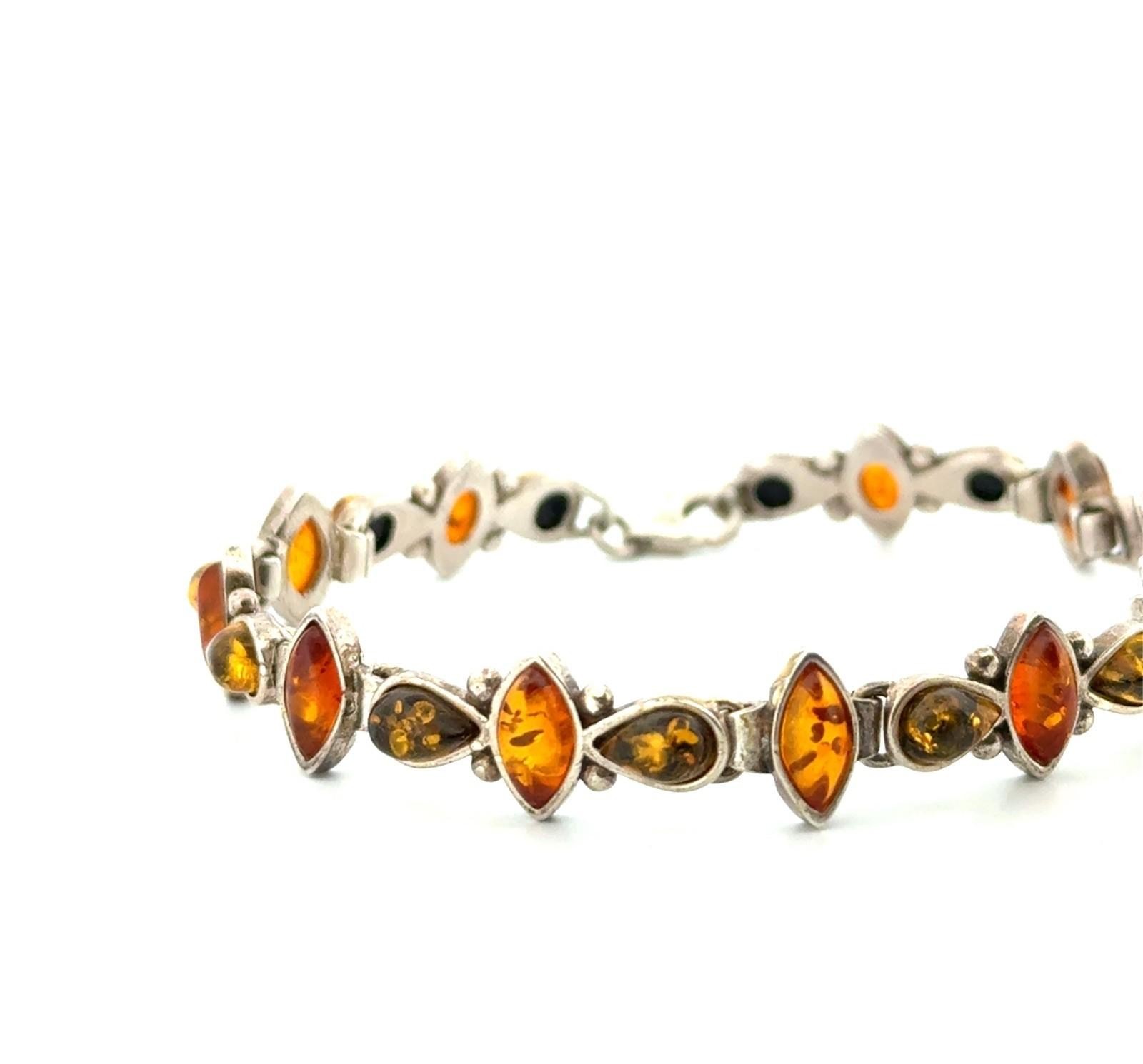 6” Vintage 925 Sterling Silver Baltic Amber Marquise & Pear Bracelet 10.7g - Image 3