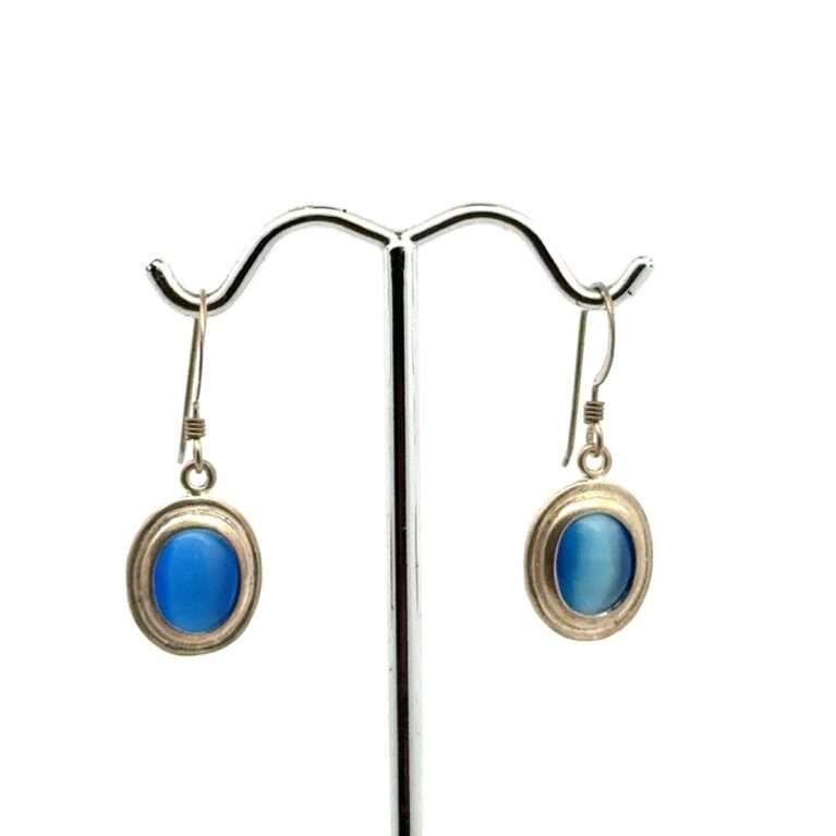 .925 Sterling Silver Blue Cat’s Eye Oval Cabochon Dangle Earrings, 3.5g