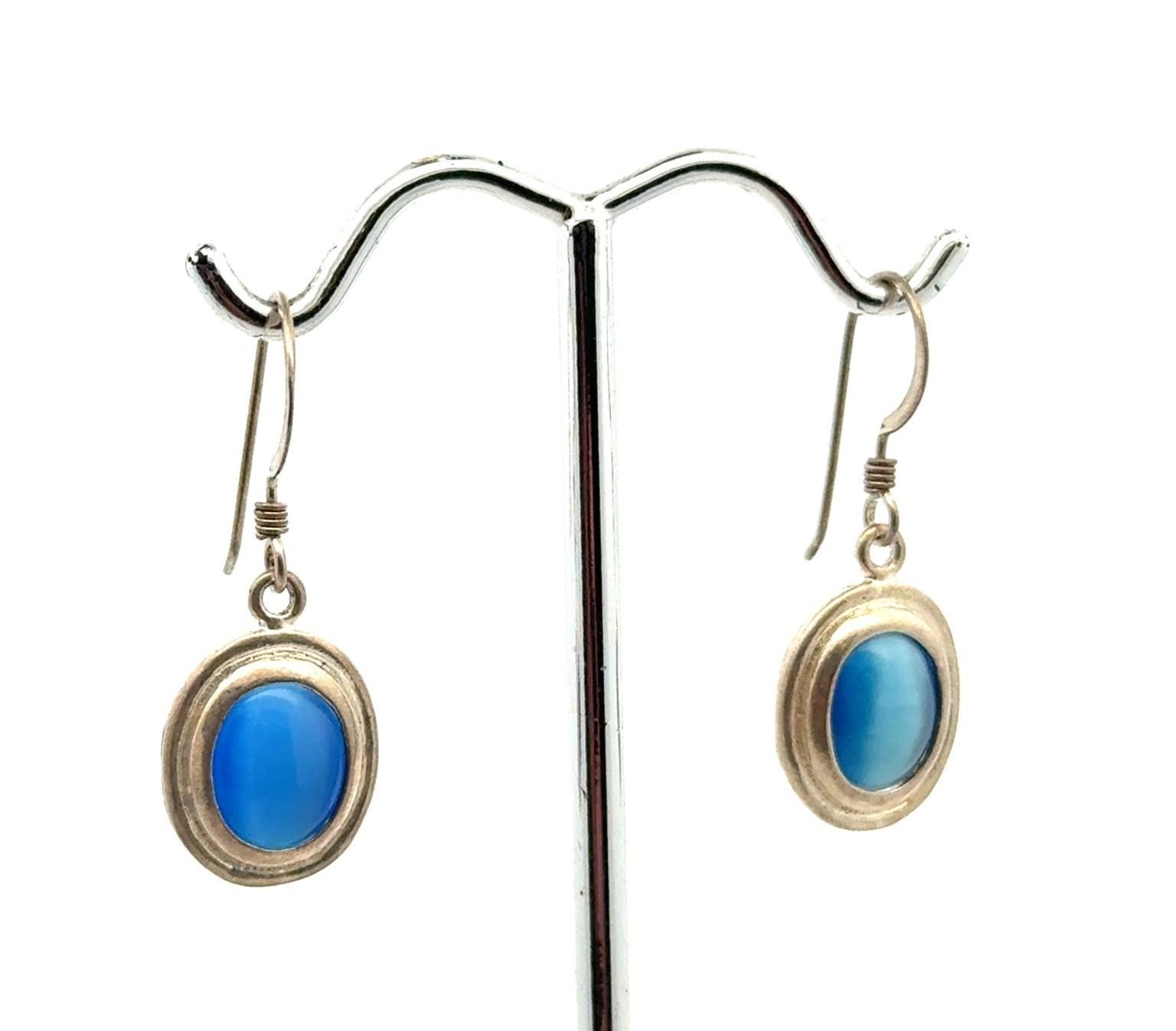 .925 Sterling Silver Blue Cat’s Eye Oval Cabochon Dangle Earrings, 3.5g - Image 2