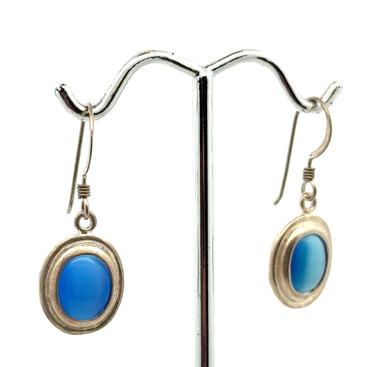 .925 Sterling Silver Blue Cat’s Eye Oval Cabochon Dangle Earrings, 3.5g - Image 3